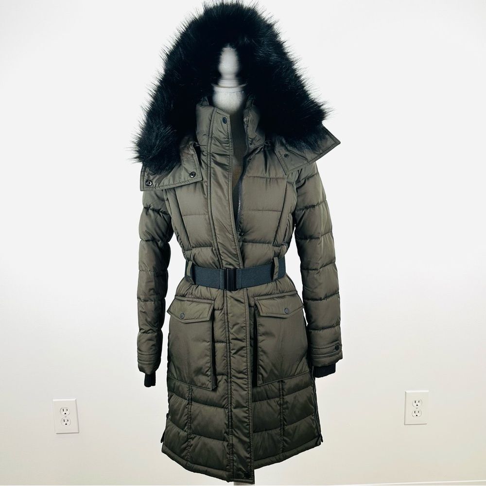 French Connection Down Quilted Coat SZ S Faux Fur Hood Belted Olive Army Green